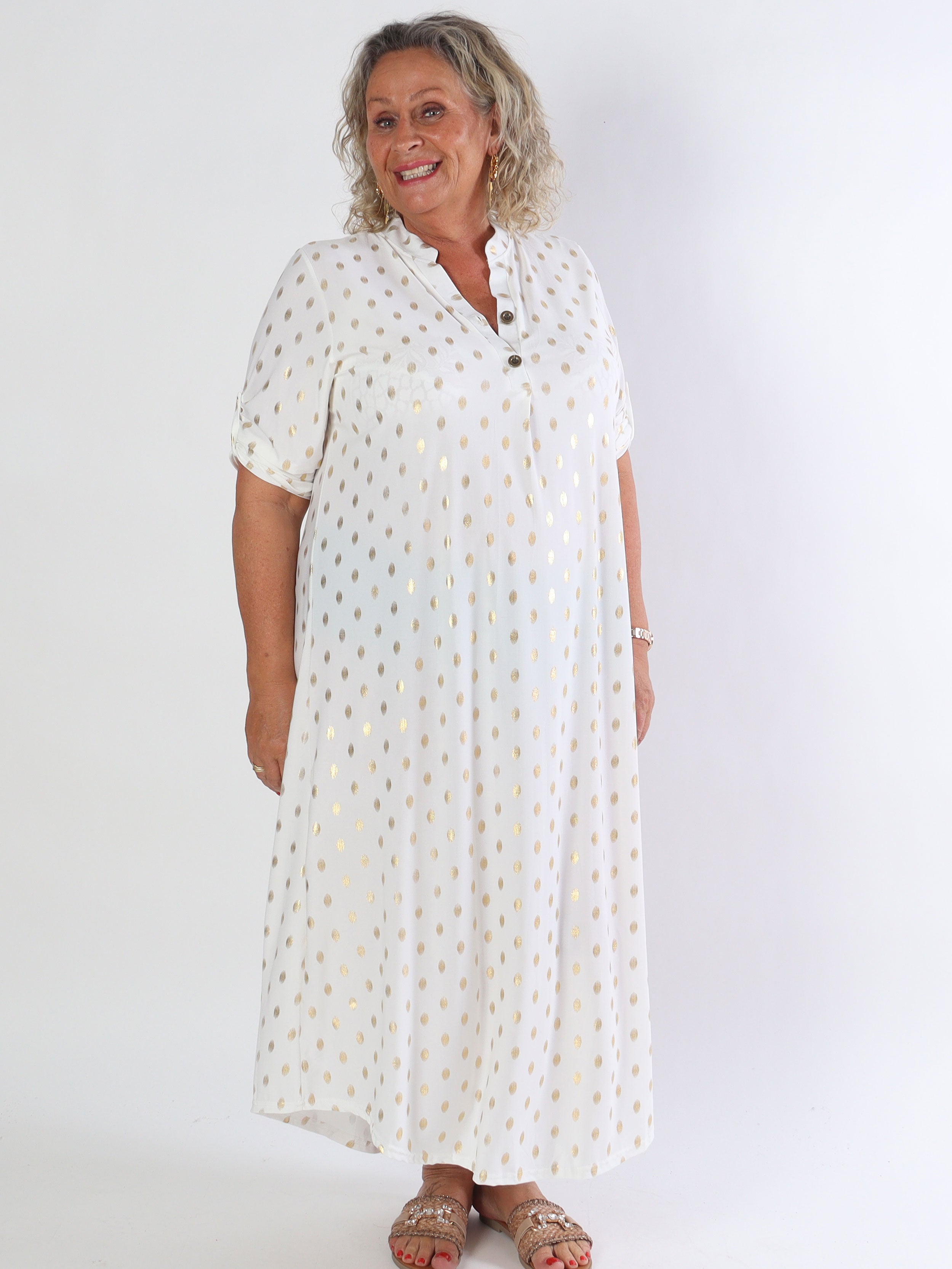 Ebba Gold Dress - Elastisk plus size lang kjole med guld prikker